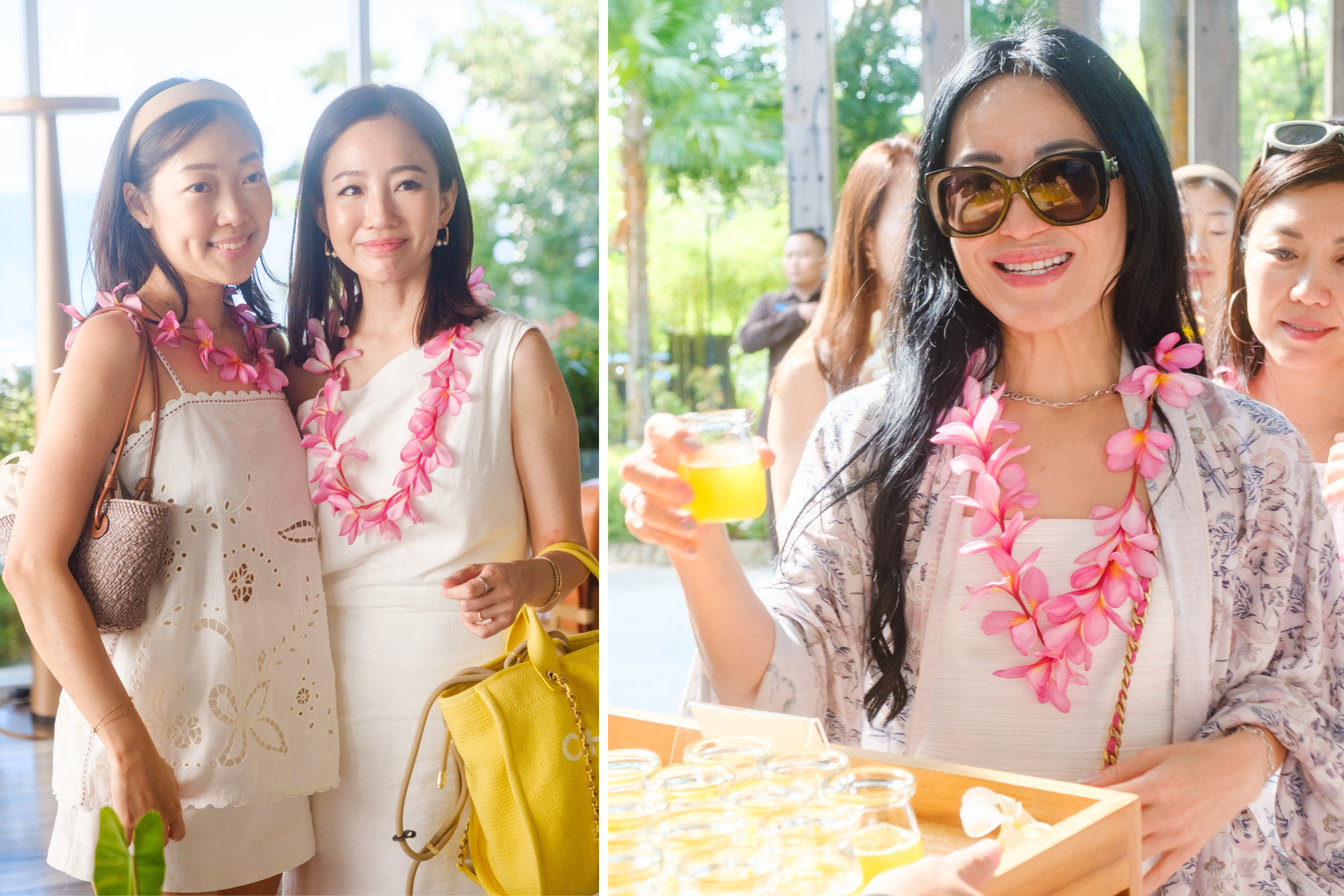 Vivian and Jeneen posing in Montigo's lobby, while Nina gets a refreshing welcome drink.
