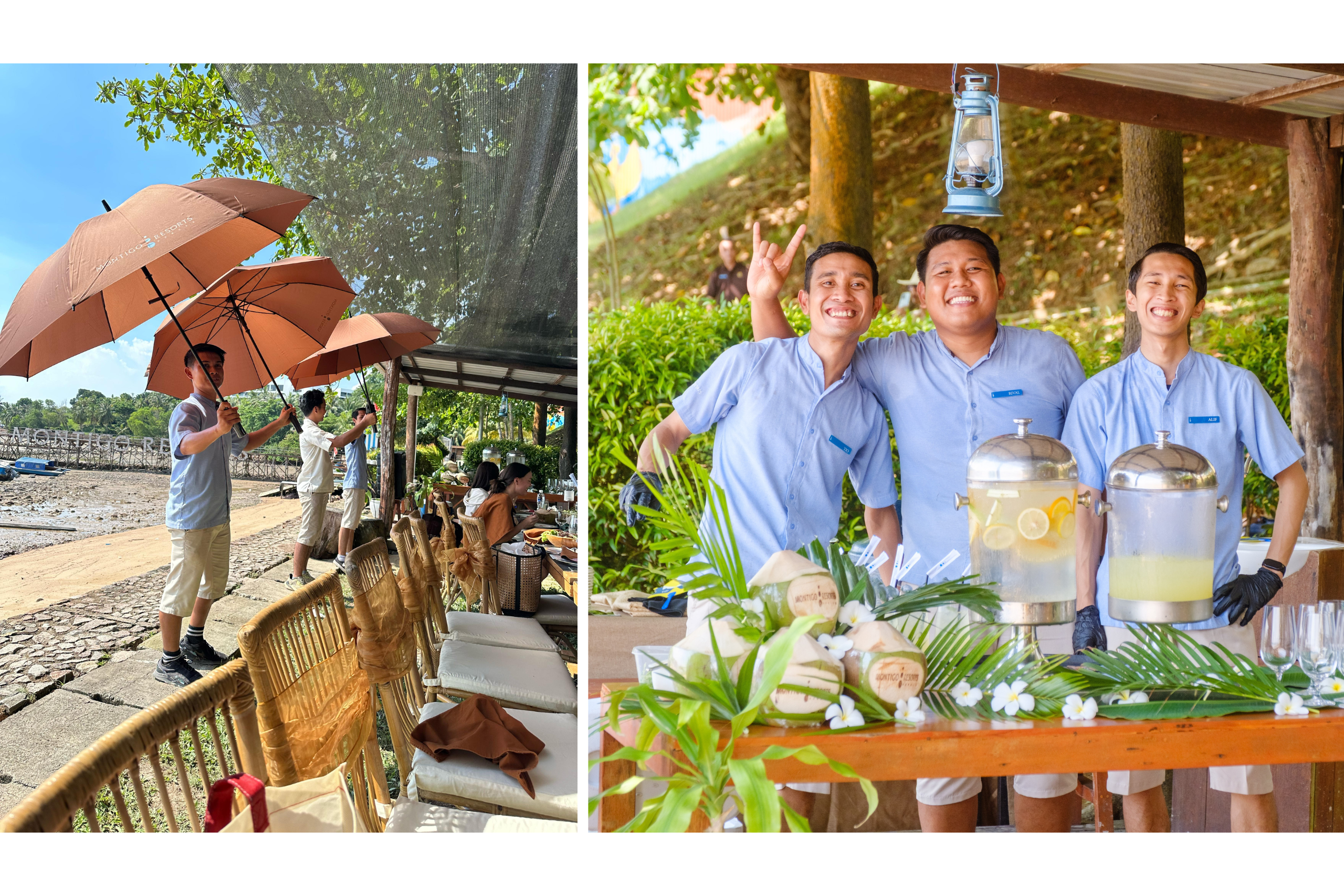 The attentive Montigo staff, ready to aid the guests, whether by sheltering them from the elements, or helping them beat the heat with fruit-infused refreshments.