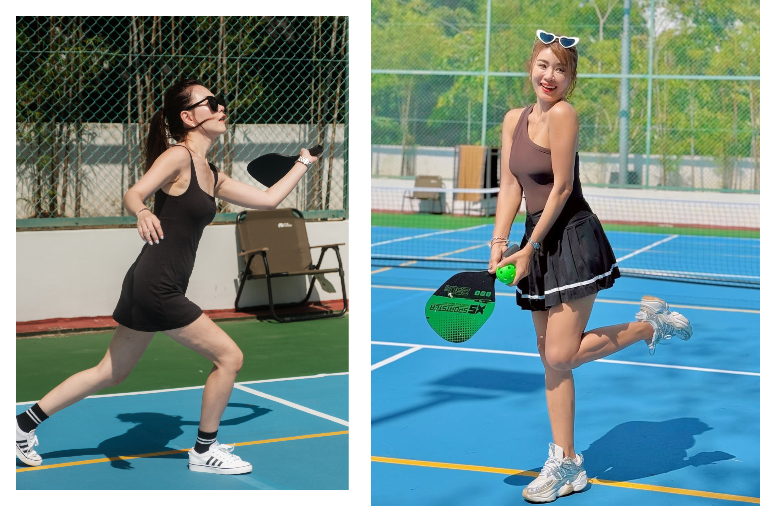 Lucinda and Cindy wearing the City Dress and Unitard respectively, styled with Cindy's own skirt.