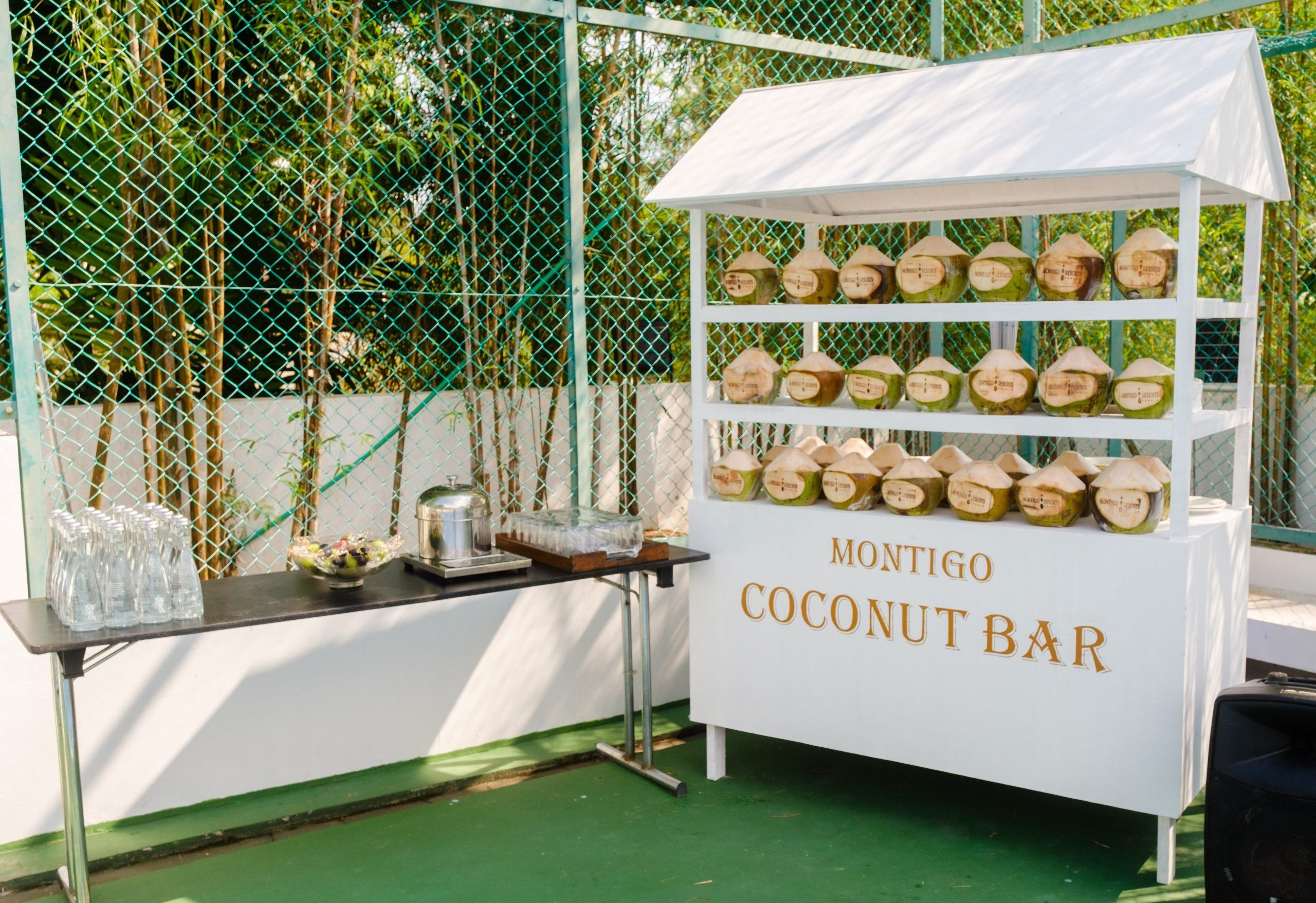 The Montigo Coconut Bar - aesthetically pleasing and for guests to hydrate and replenish essential minerals and electrolytes lost while playing in the heat.
